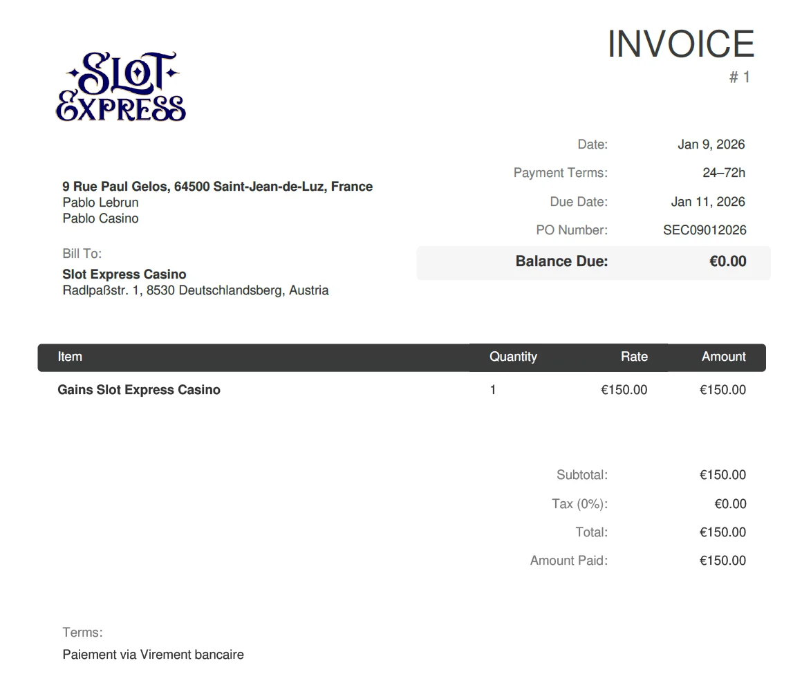 preuve de paiement slot express casino