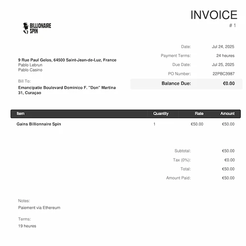 preuve de retrait Billionnaire Spin