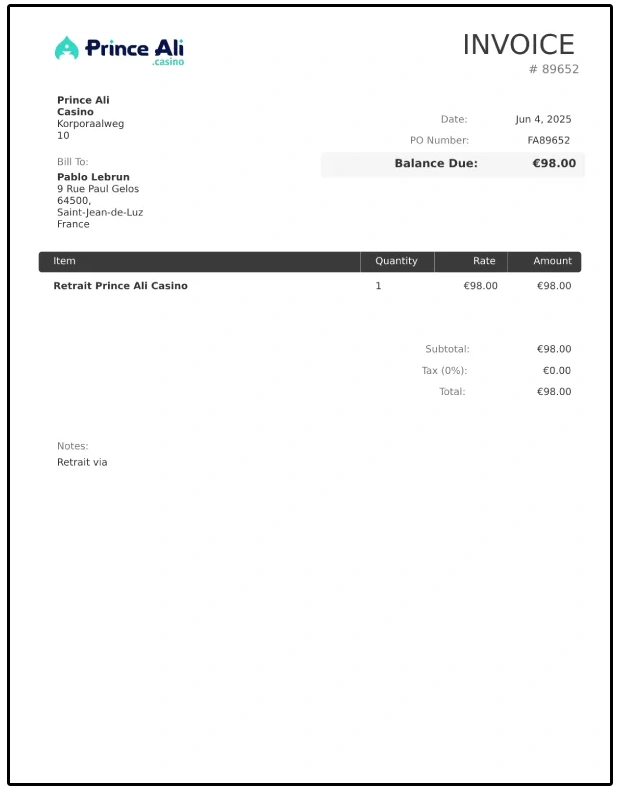 Preuve de retrait Prince Ali Casino