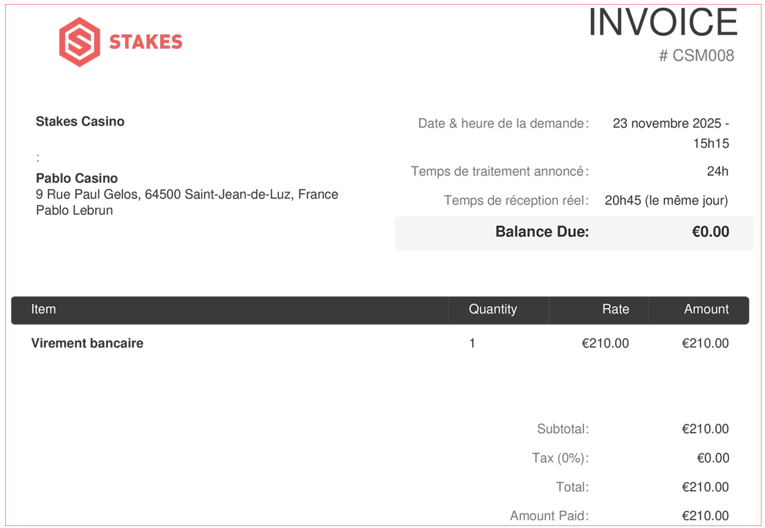 preuve du paiement de stakes casino