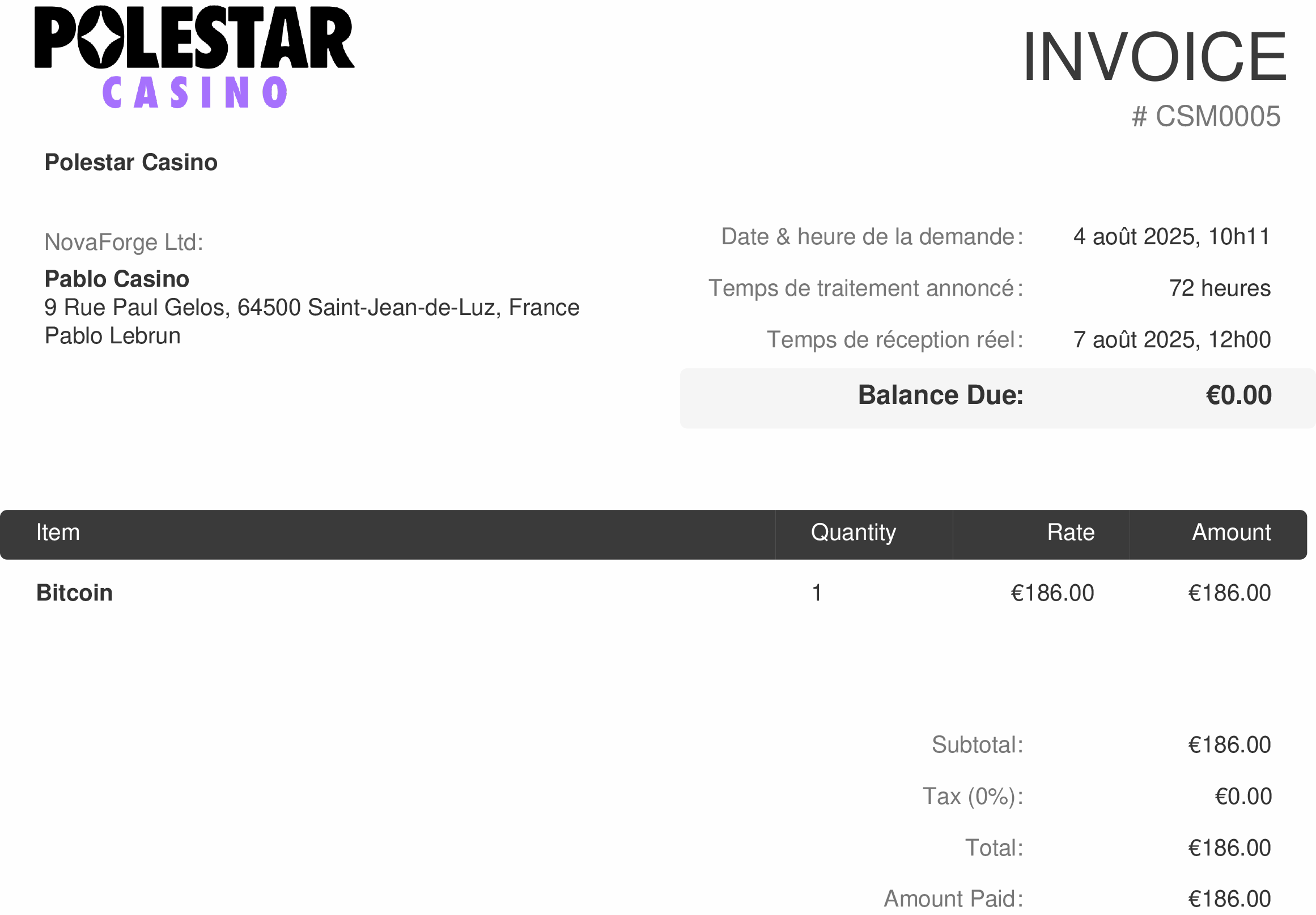 preuve du paiement de polestar casino