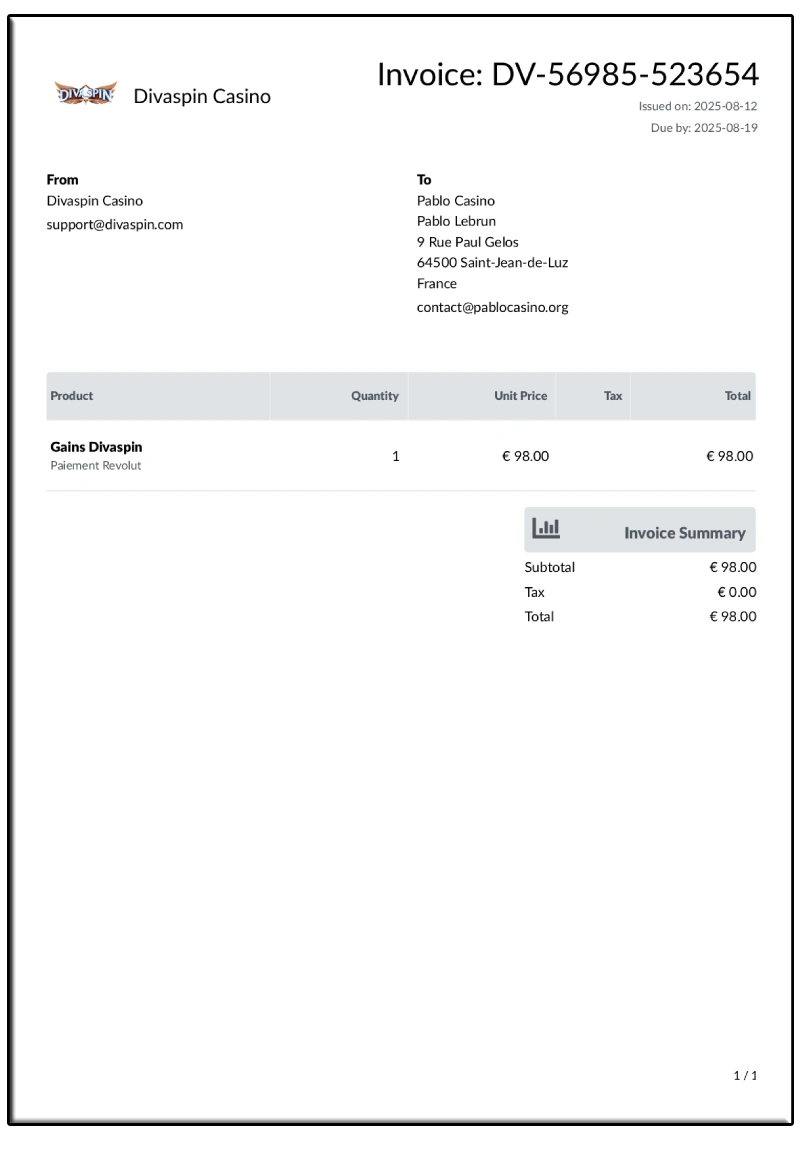 Preuve de retrait DivaSpin