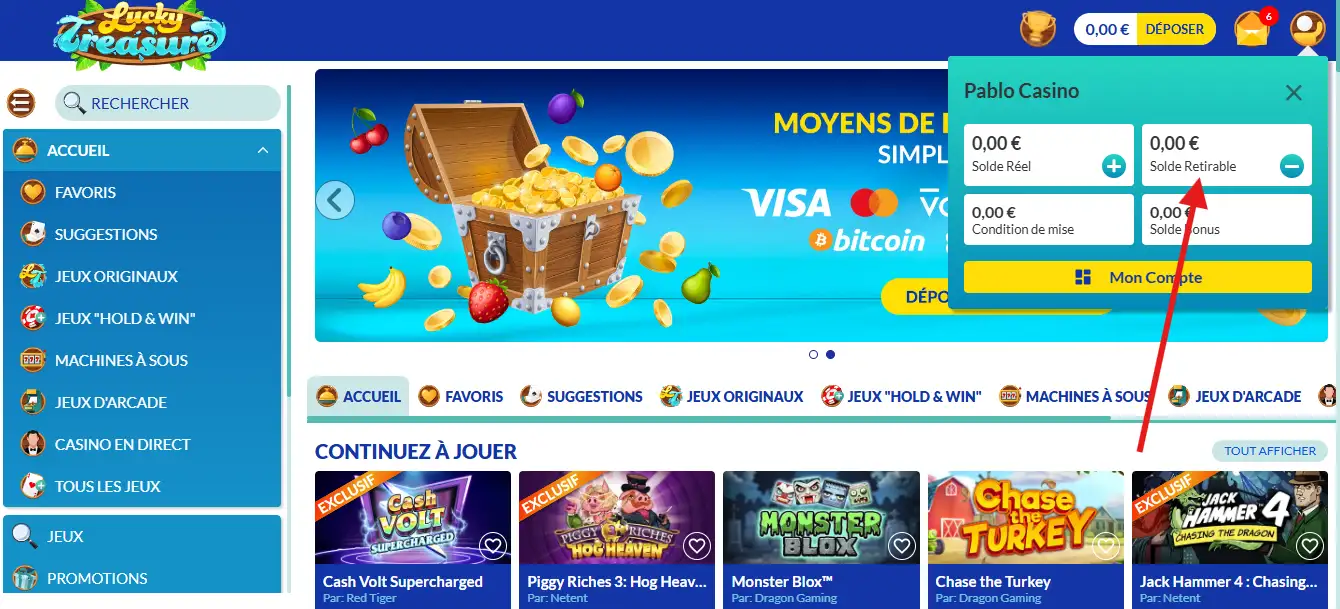 retrait lucky treasure étape 2