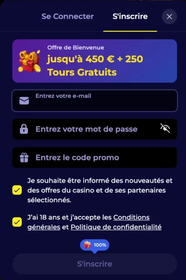 Seconde étape d'inscription sur Nyxbets Casino