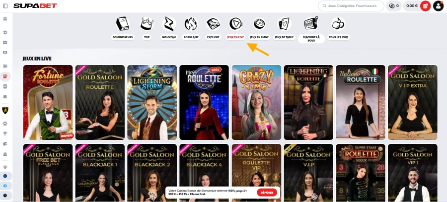 Capture d'écran casino live sur SupaBet