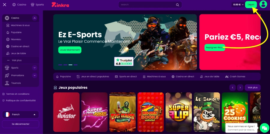 Faire un dépôt sur Zinkra étape1