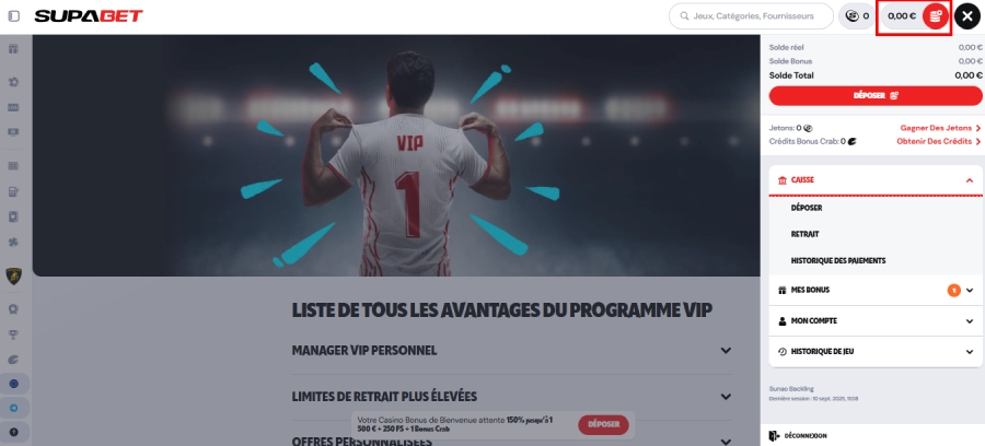Faire un retrait sur SupaBet étape1