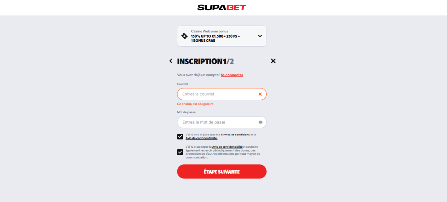 Inscription sur SupaBet étape2