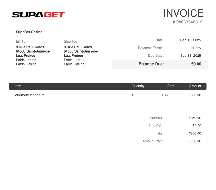 Preuve de retrait sur SupaBet