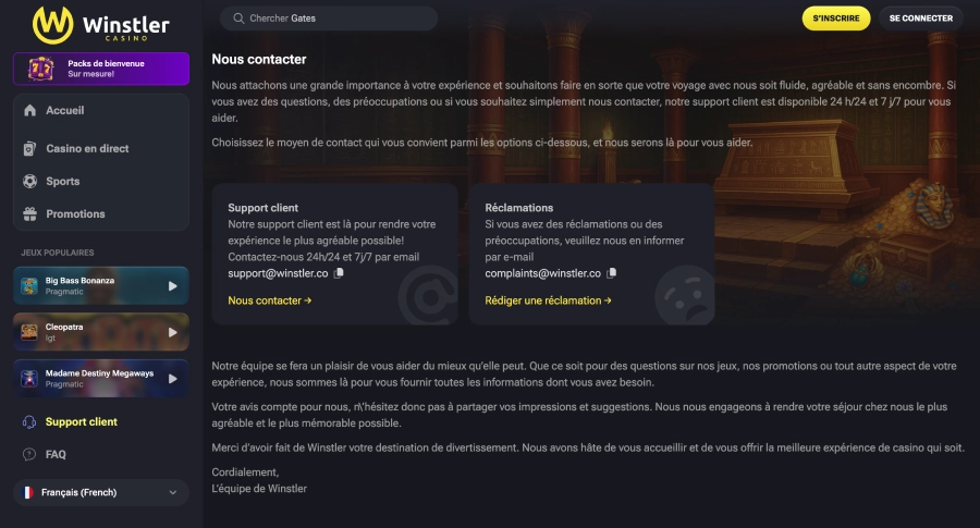 Service client Winstler Casino