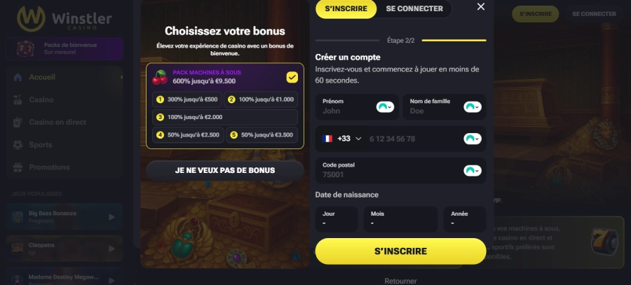 Winstler Casino inscription étape3