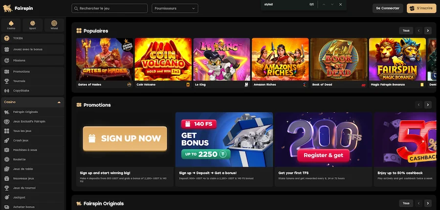 page d'accueil Fairspin Casino