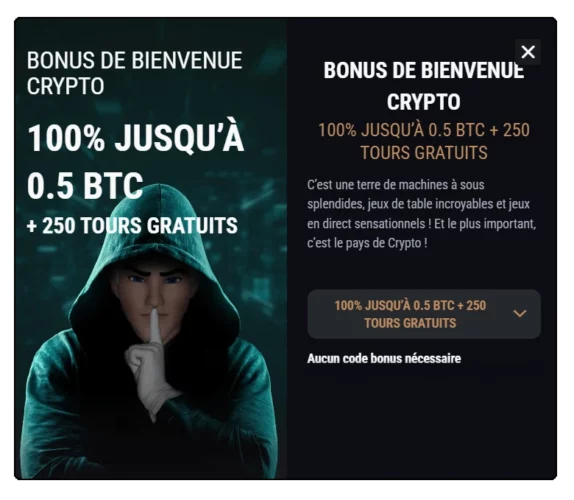 Capture d'écran bonus de bienvenue crypto King Billy