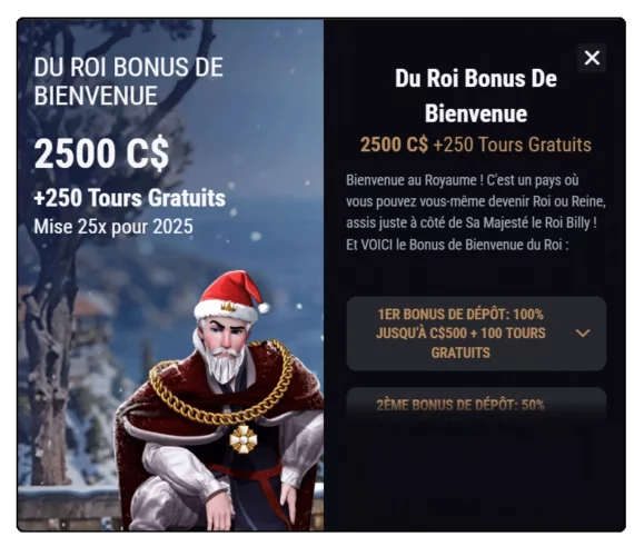 Capture d'écran bonus de bienvenue King billy