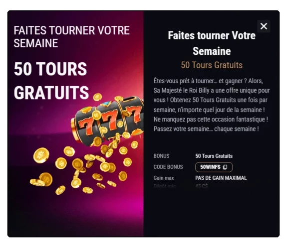 Capture d'écran bonus free spins King Billy