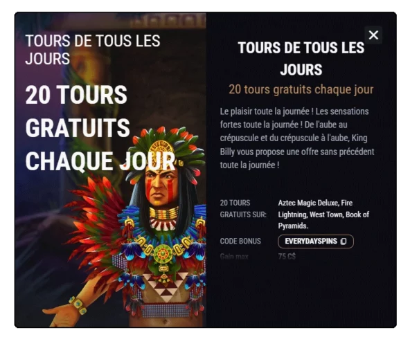 Capture d'écran bonus journalier King Billy