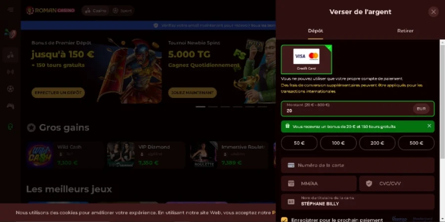 Capture d'écran dépôt Roman Casino