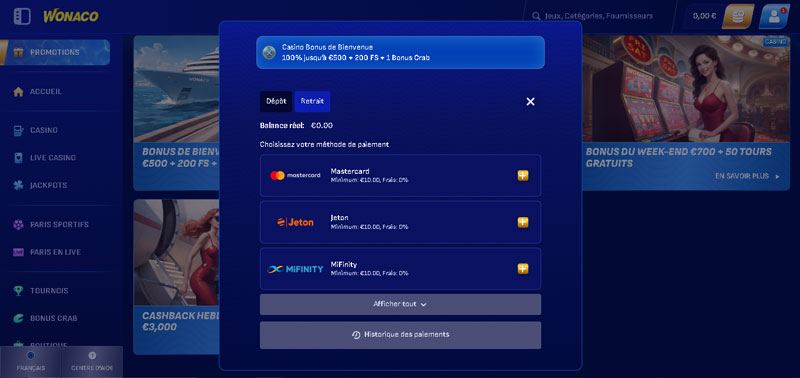 wonaco casino le menu dépôt