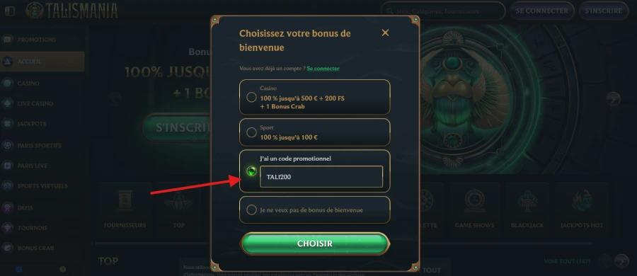 Capture d'écran étape 2 Code Promo Talismania