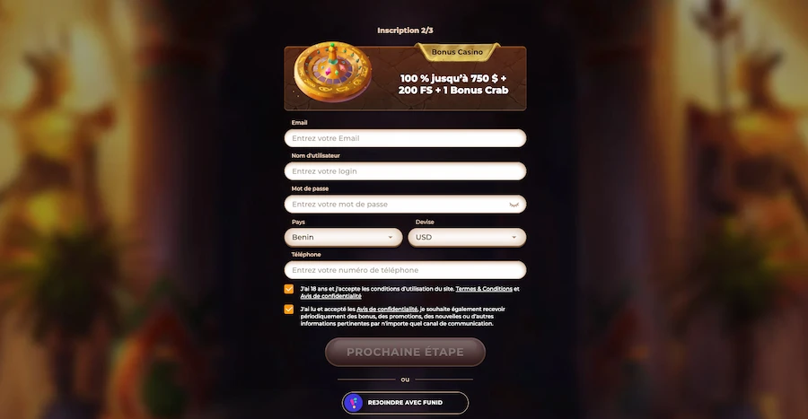 Écran d'inscription sur AmunRa Casino