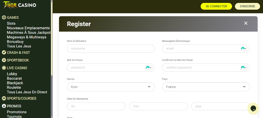 capture d'écran inscription étape 2 Thor Casino