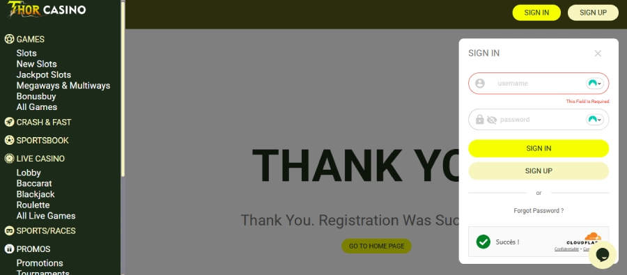 capture d'écran inscription étape 4 Thor Casino