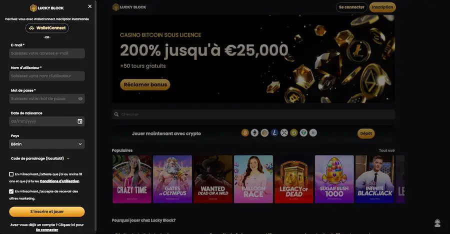 inscription sur lucky block casino