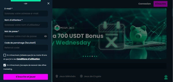capture decran inscription mega dice casino