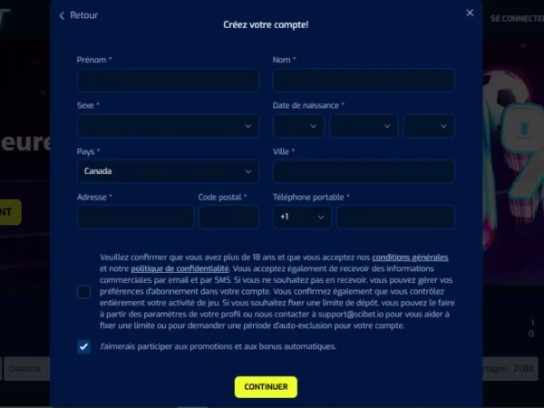 capture d'écran inscription scibet casino etape3