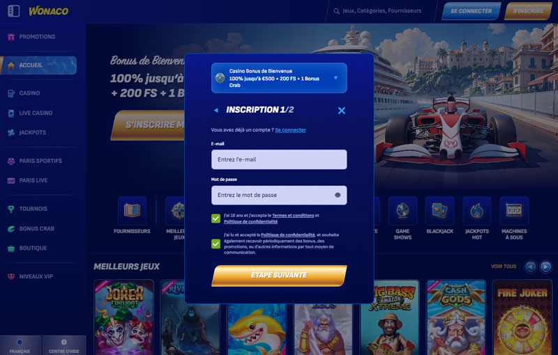 inscription étape 3 wonaco casino