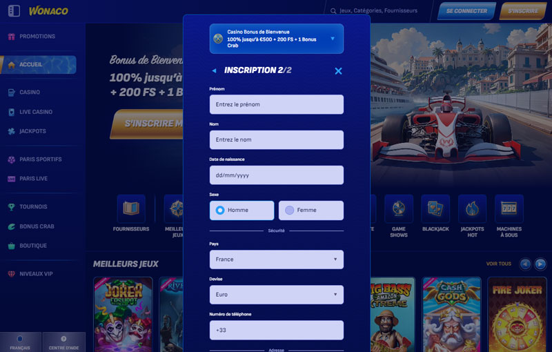 inscription étape 4 wonaco casino