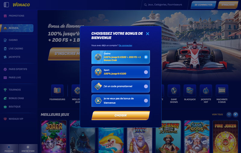 inscription étape 2 wonaco casino