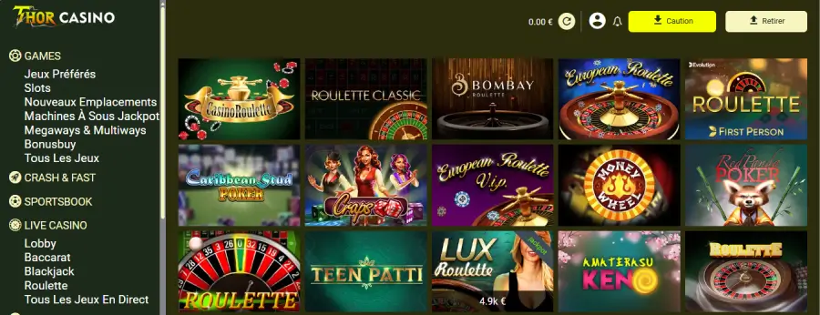 capture d'écran jeux de table Thor Casino