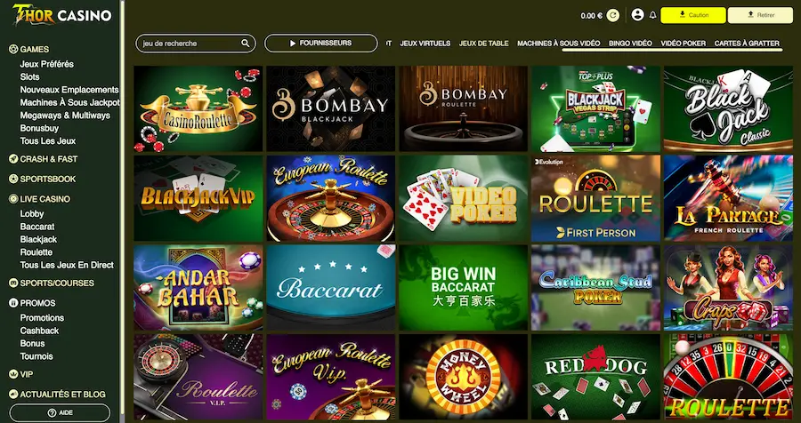 jeux de table sur thor casino