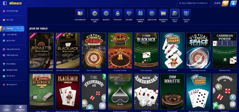 wonaco casino une gamme variée de jeux de table