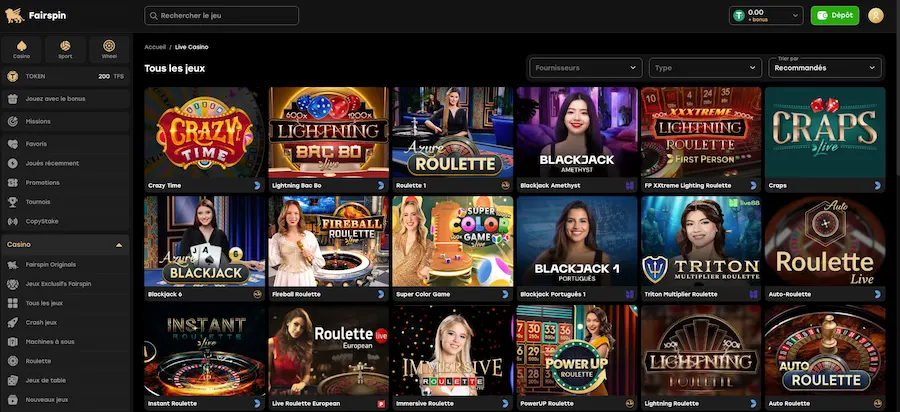 jeux live sur Fairspin Casino