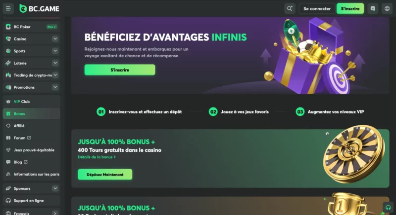 Capture d'écran des promotions sur BC Game