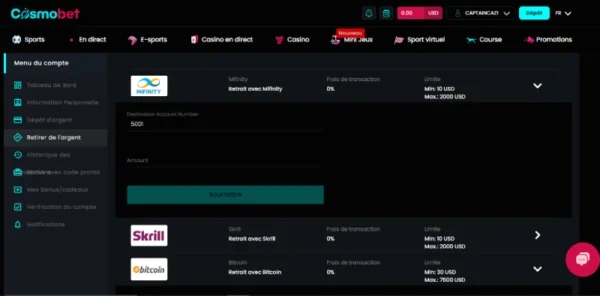 capture decran retrait cosmobet