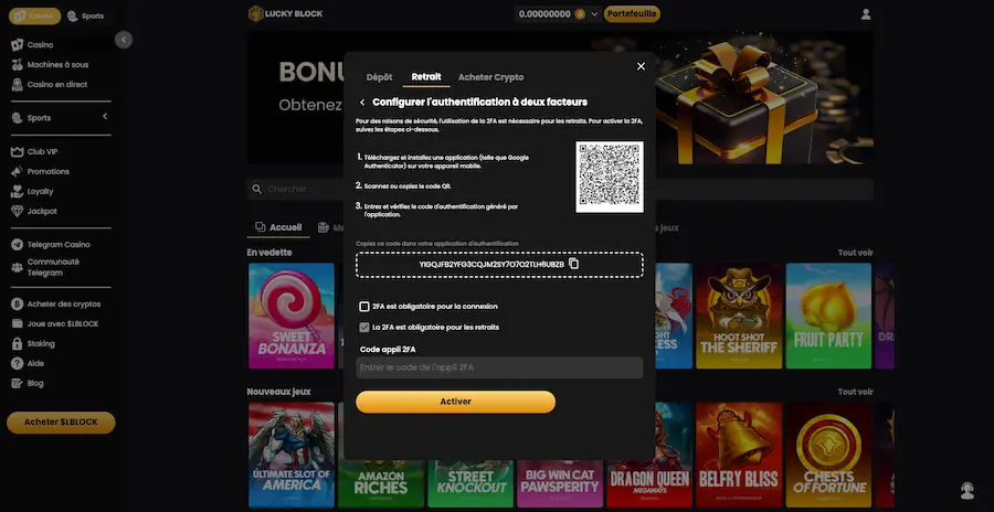 retrait sur lucky block casino