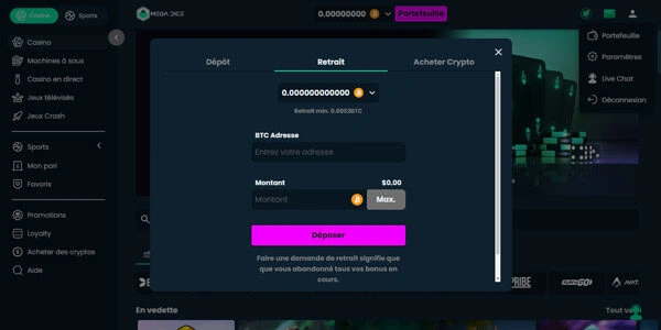 capture decran retrait mega dice casino