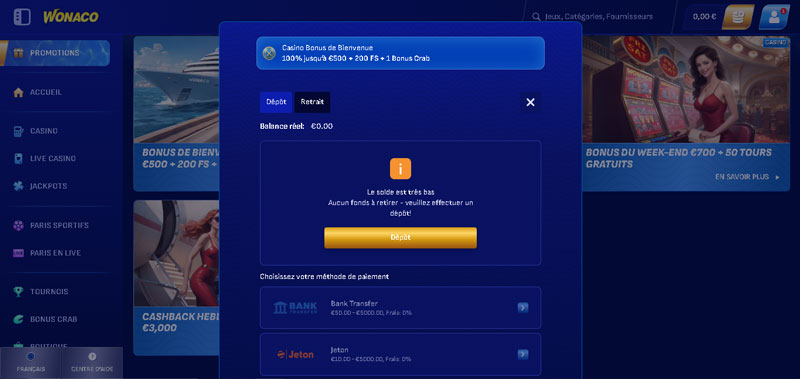 wonaco casino le menu retrait