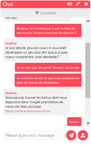 Capture d'écran service client Zinkra Casino