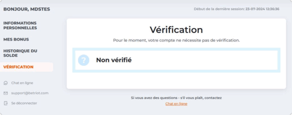 capture decran verification betriot casino