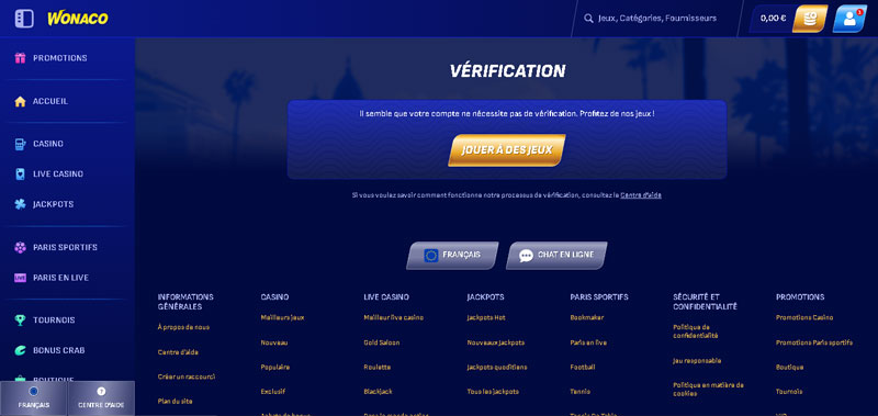 wonaco casino la page de vérification de votre compte