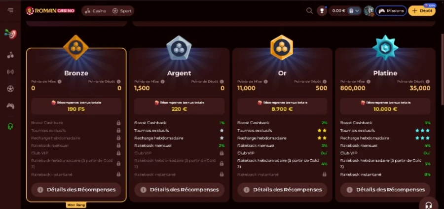 Capture d'écran programme VIP Roman Casino