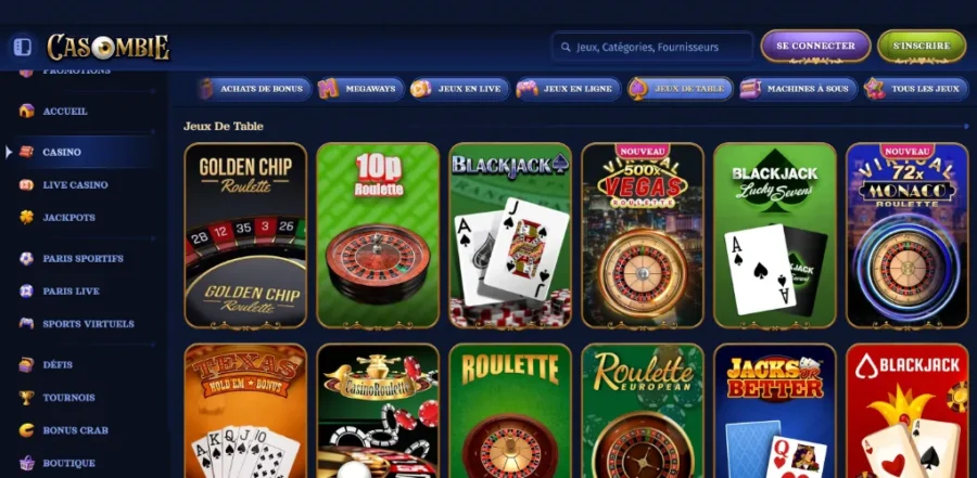 Page jeux de table sur Casombie Casino en ligne.
