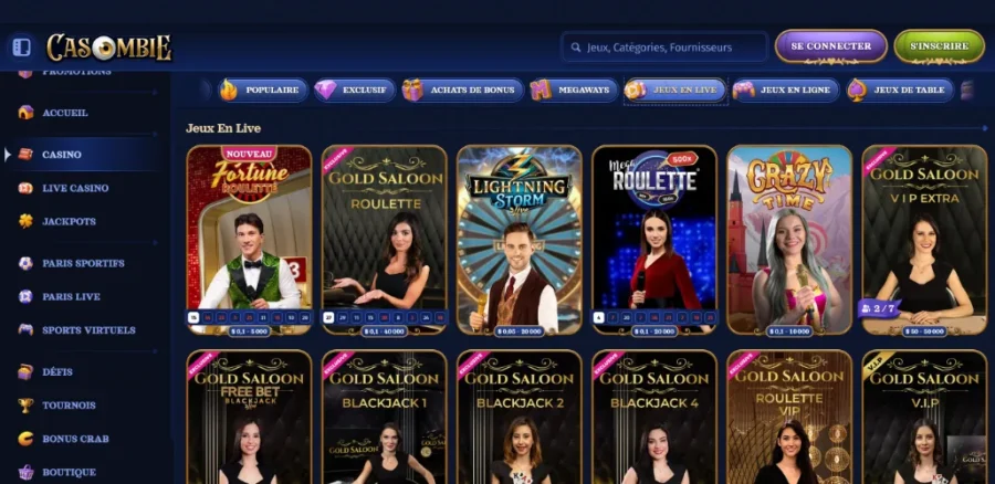 Page des jeux live sur Casombie Casino en ligne.