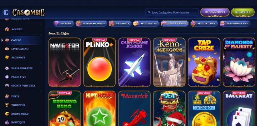 Page des mini-jeux de casino en ligne sur Casombie.