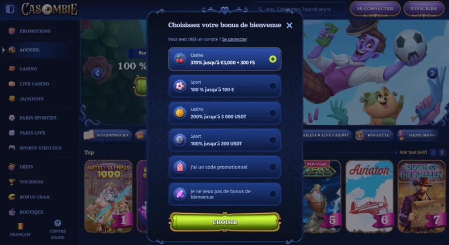 1ère étape d'inscription : choisir son bonus de bienvenue sur Casombie Casino en ligne.