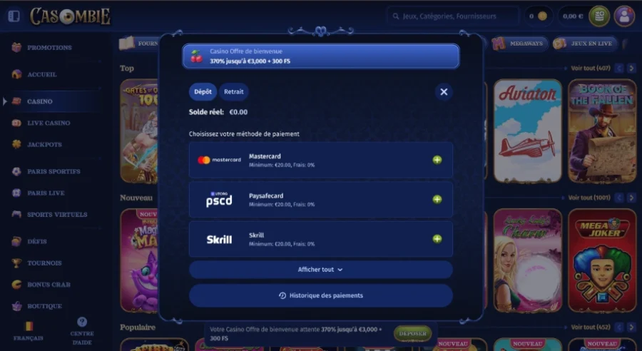 1ere étape dépôt sur Casombie Casino en ligne